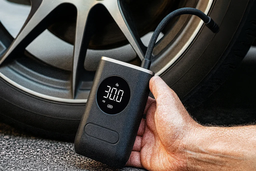 Foto em close-up da mão de uma pessoa mostrando um calibrador de pneu de carro digital.