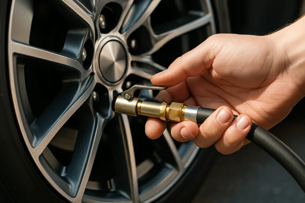 Foto em close-up das mãos de uma pessoa conectando a ponta de uma mangueira de calibrador de posto de gasolina na válvula de um pneu de carro.