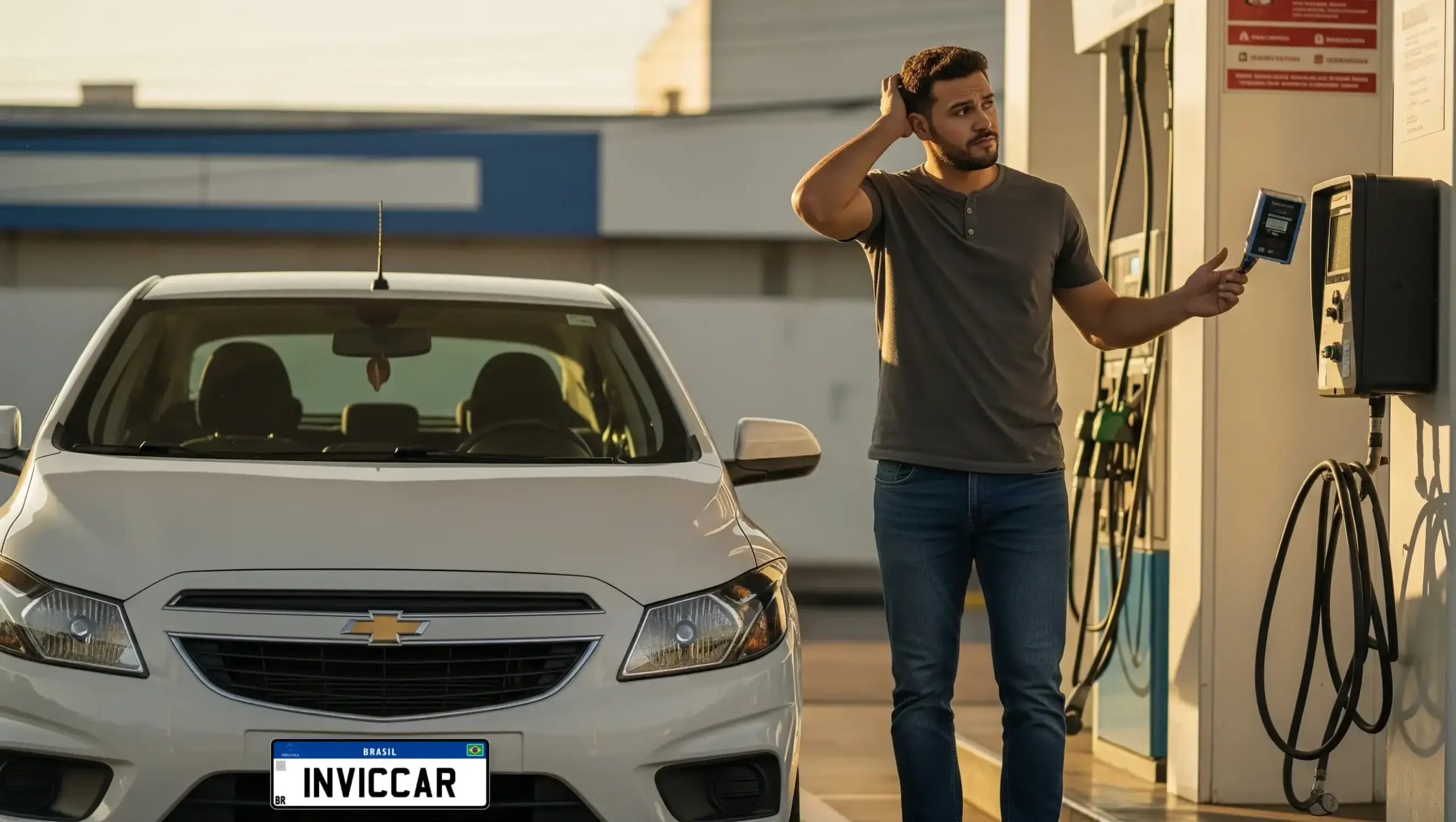 Foto de um motorista (homem, 30 anos) em um posto de gasolina brasileiro, parado ao lado de seu carro (um Chevrolet Onix branco).