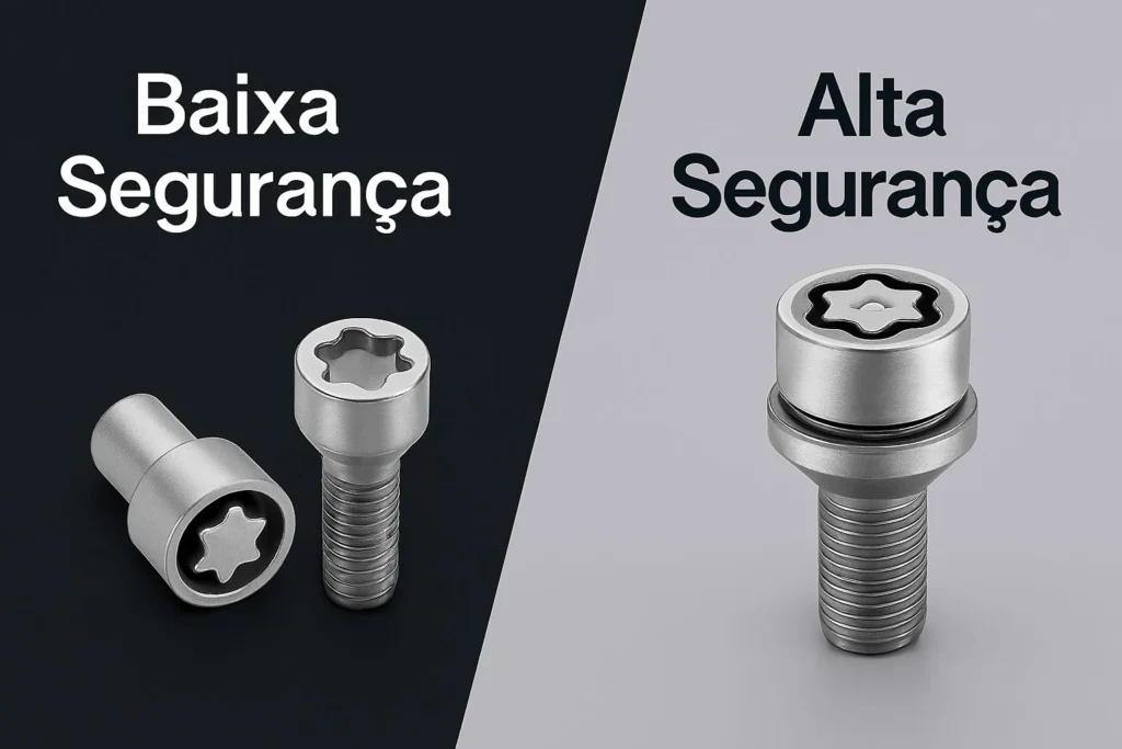 Comparativo visual lado a lado entre um parafuso antifurto de baixa qualidade, com segredo simples, e um parafuso de alta qualidade, com segredo complexo e anel giratório.