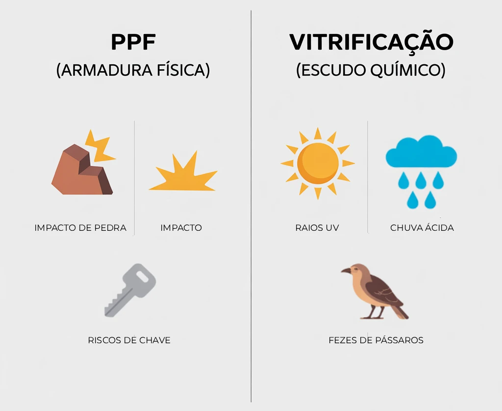 Infográfico comparativo mostrando a diferença de proteção entre o PPF (proteção física contra riscos e pedras) e a vitrificação (proteção química contra raios UV e contaminações).