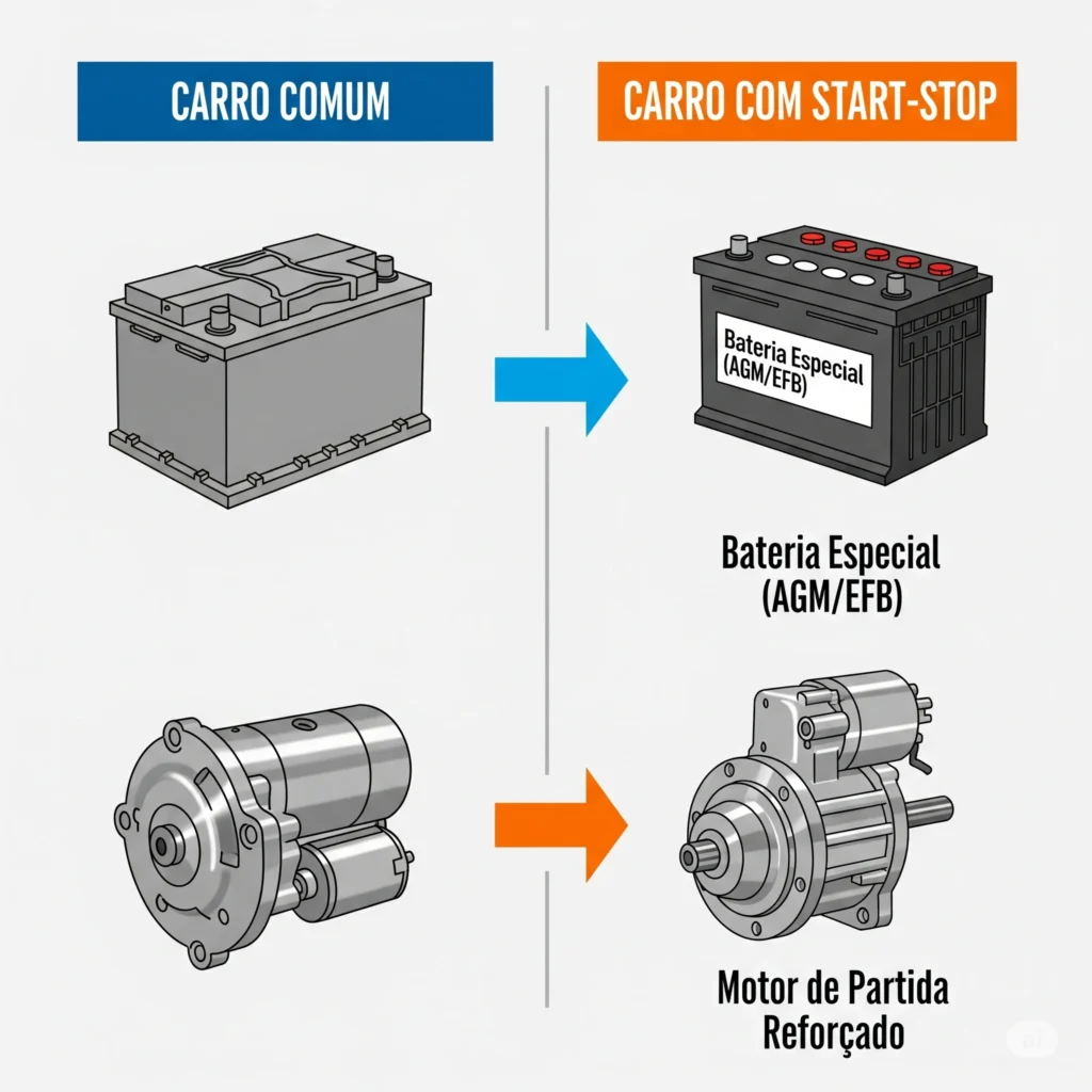 Comparativo visual entre os componentes de um carro comum e um carro com Start-Stop, destacando o motor de partida reforçado e a bateria especial do tipo AGM ou EFB.