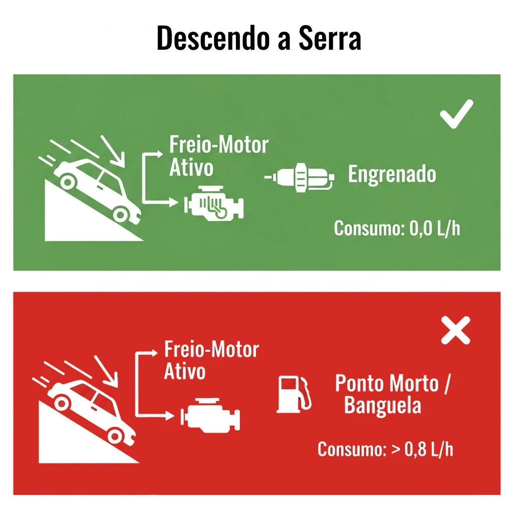 Infográfico comparativo mostrando o consumo de combustível ao descer uma ladeira com o carro engrenado (efeito cut-off, com consumo zero) versus em ponto morto (banguela), que consome combustível para manter o motor ligado.