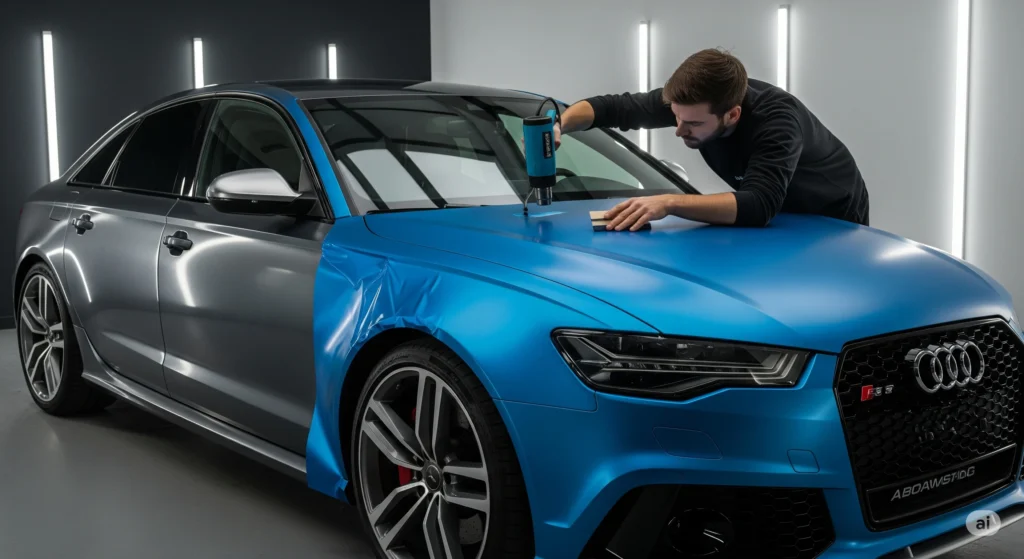 Processo de envelopamento automotivo em um Audi RS6, mostrando metade do carro na cor cinza original e a outra metade já coberta com vinil azul fosco vibrante.