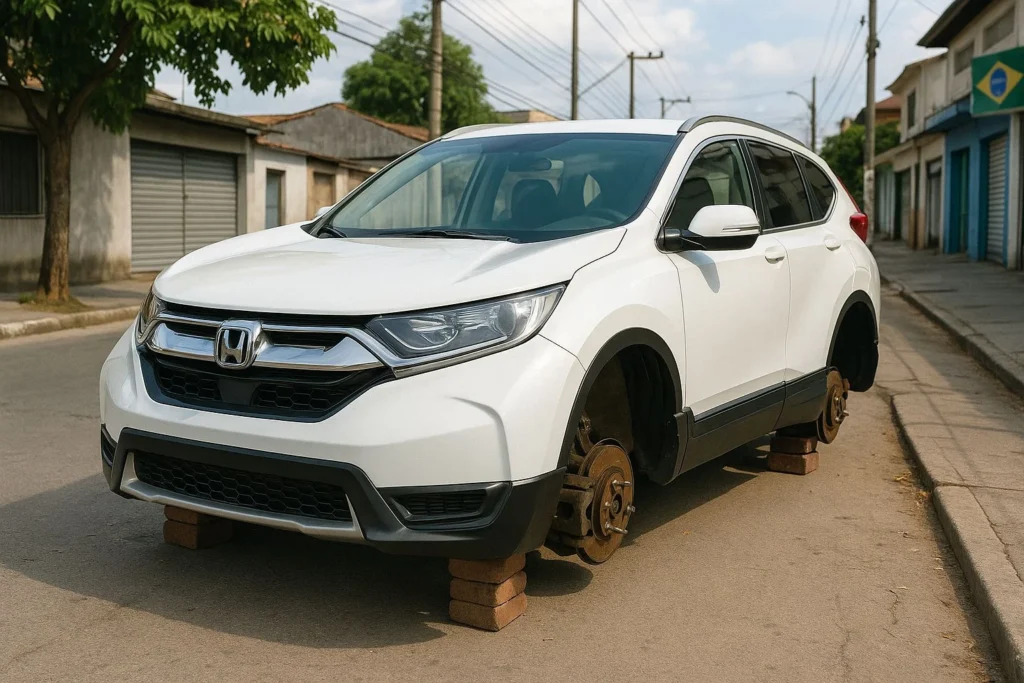 Imagem de um carro SUV Honda CRV branco estacionado na rua, apoiado em cavaletes de tijolos, com as quatro rodas roubadas, mostrando o prejuízo e a vulnerabilidade.