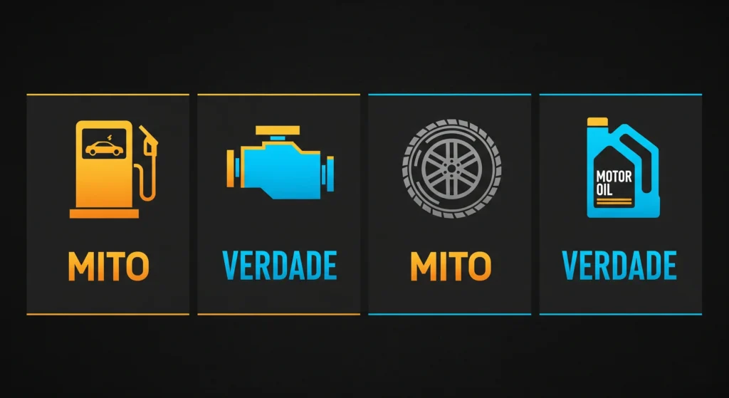 Ilustração divertida com ícones representando diversos mitos automotivos e carimbos de 'MITO' e 'VERDADE' sobrepostos a eles.