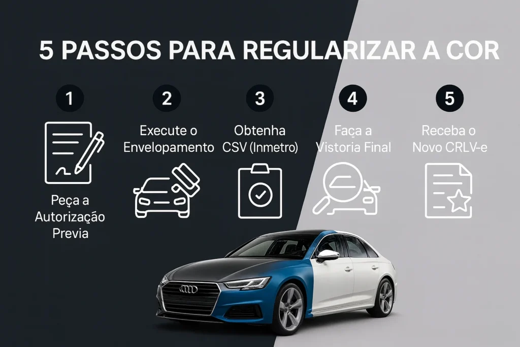Infográfico com ícones mostrando os 5 passos para regularizar a cor de um carro envelopado no Detran, desde a autorização prévia até a emissão do novo documento.