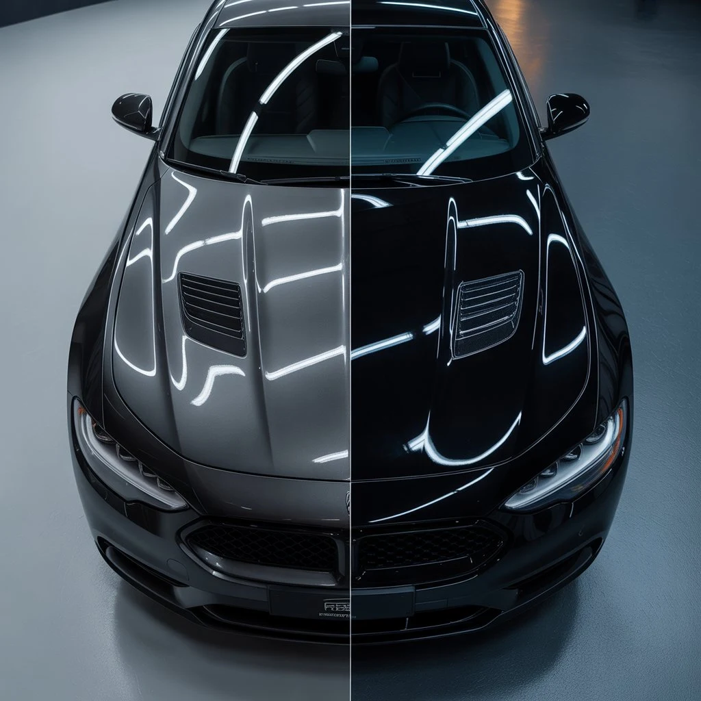 Metade do capô de um carro preto de luxo com aplicação de PPF, mostrando brilho intenso e efeito hidrofóbico (repelência à água), em contraste com a outra metade da pintura sem a película.