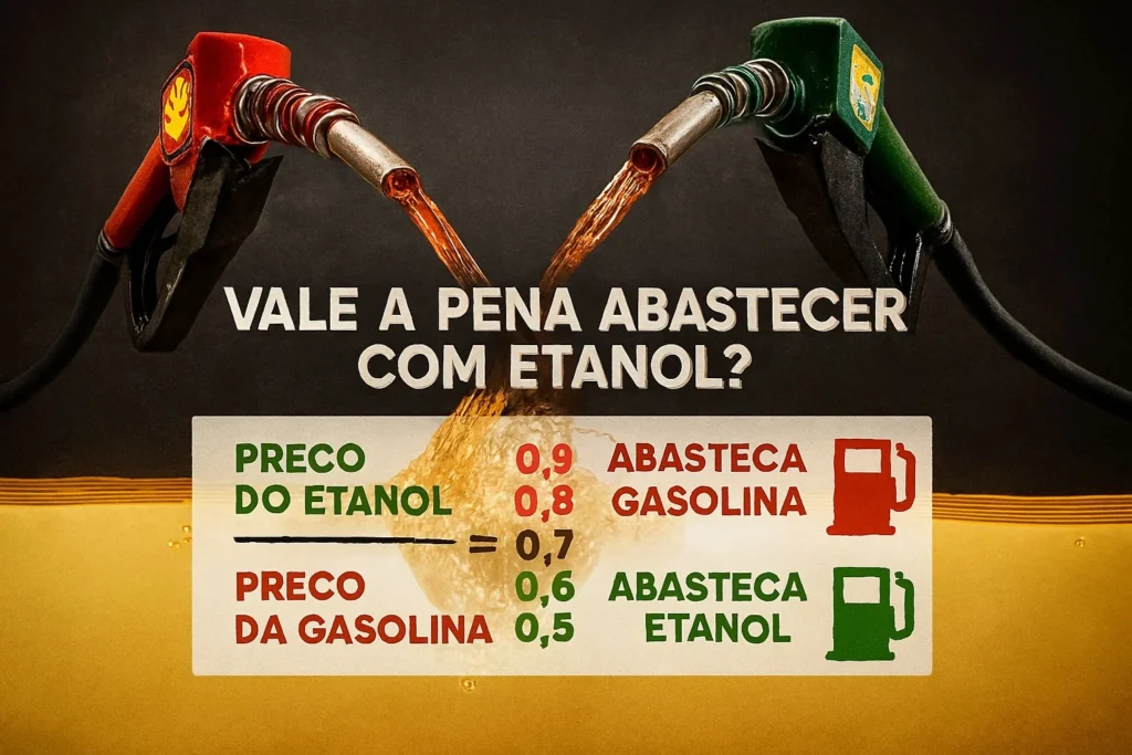Infográfico claro e simples explicando a Regra dos 70% para escolher entre etanol e gasolina, mostrando a fórmula da divisão e um exemplo prático.