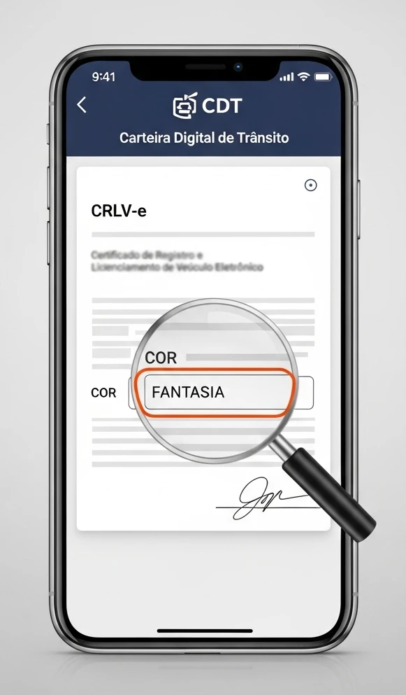 ela de smartphone exibindo o documento CRLV-e digital no aplicativo da CDT, com o campo "COR" destacado, mostrando a nova cor "FANTASIA" ou "AZUL" após a regularização.