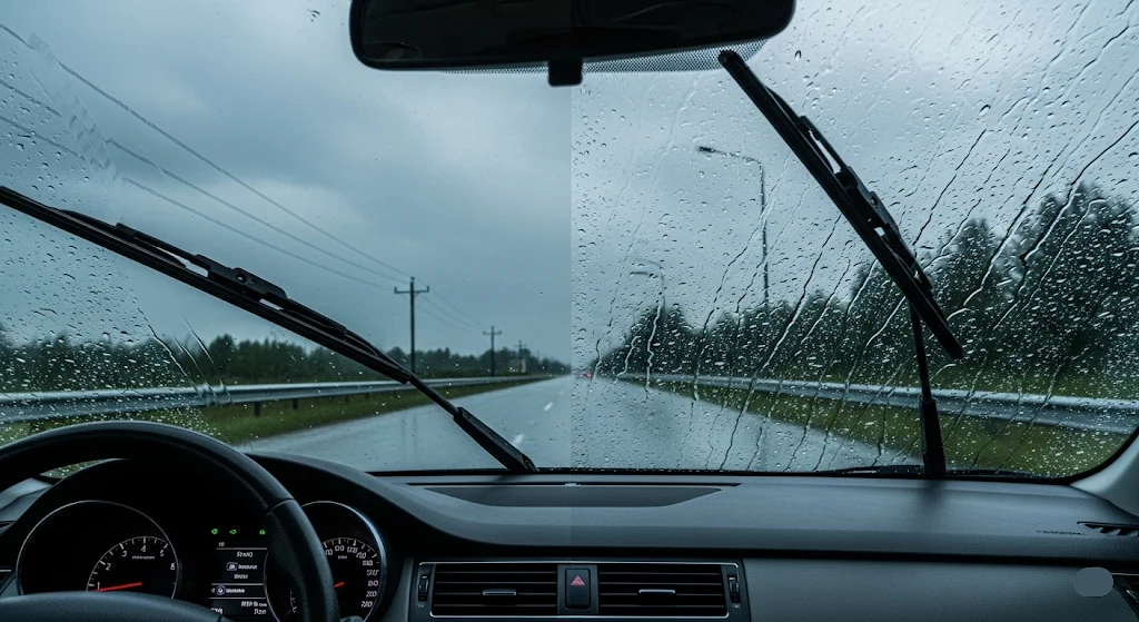 Visão de dentro de um carro na chuva, comparando a limpeza perfeita de uma palheta nova com os rastros de água de uma palheta desgastada.