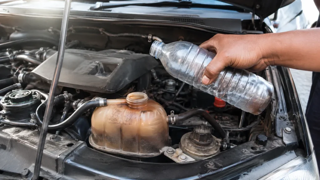 O Cofre Do Motor De um carro Com O Reservatório De Expansão Sujo Com Água Marrom De Ferrugem