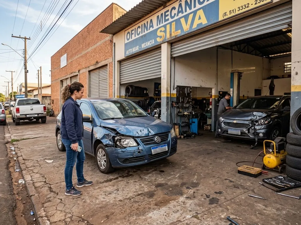 Carro batido perto de uma oficina chamada silva com uma mulher olhando pro carro quebrado dela