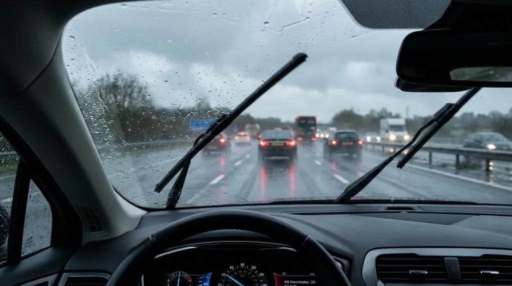 Para brisa limpando a janela de um carro em um dia de chuva