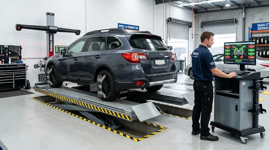 Mecânico analisando o alinhamento e balanceamento do carro