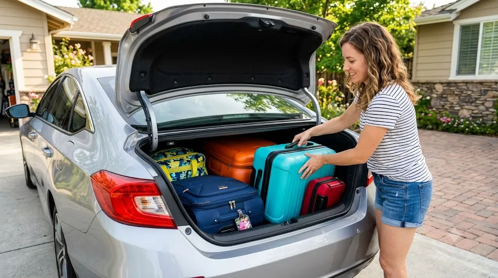 Mulher arrumando malas dentro do porta malas do carro para Viagem de férias