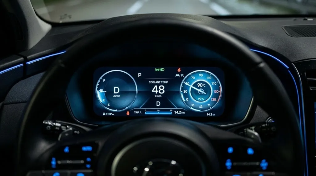 Painel de um carro elétrico marcando noventa graus