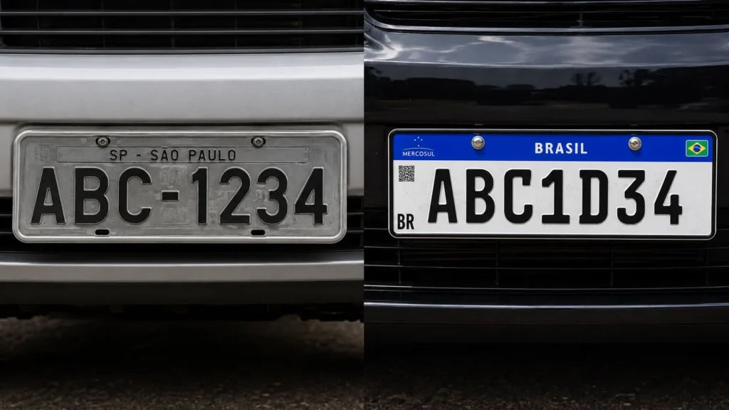 Comparação placa cinza antiga a placa nova mercosul.