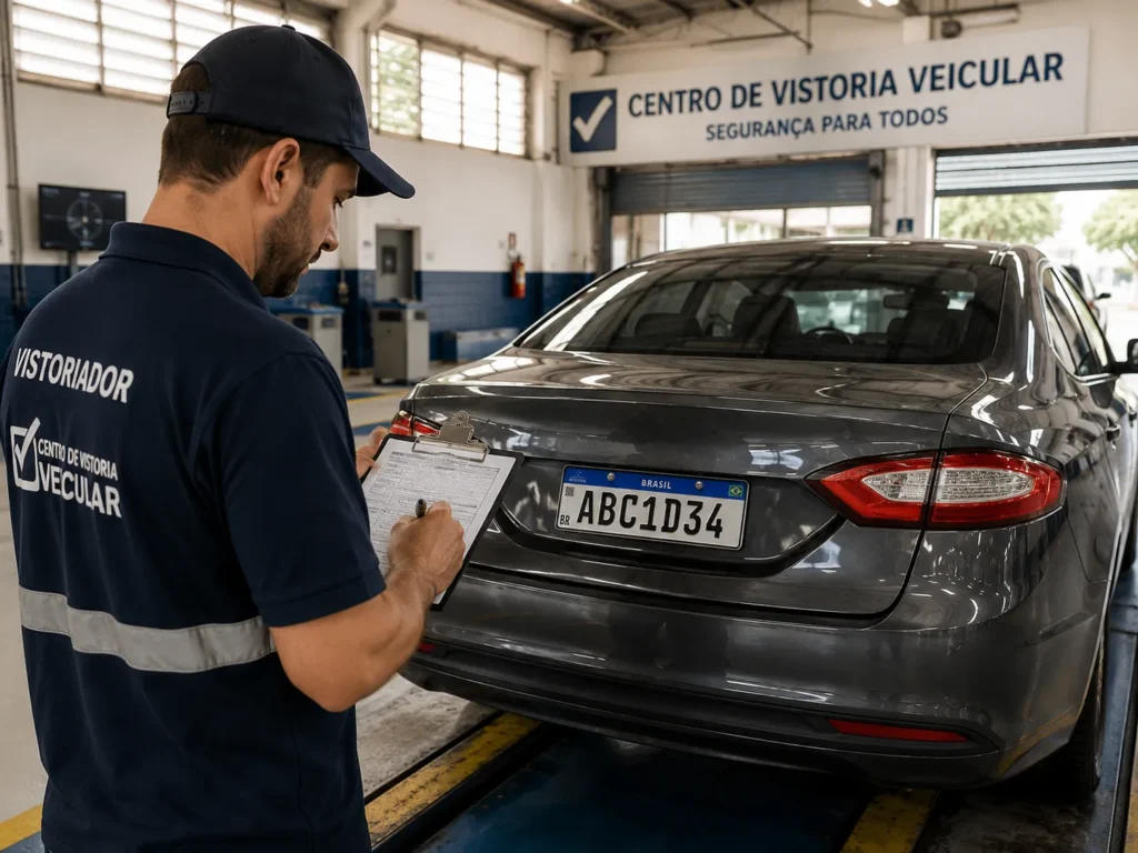 Vistoriador fazendo anotações sobre um carro com a nova placa da mercosul