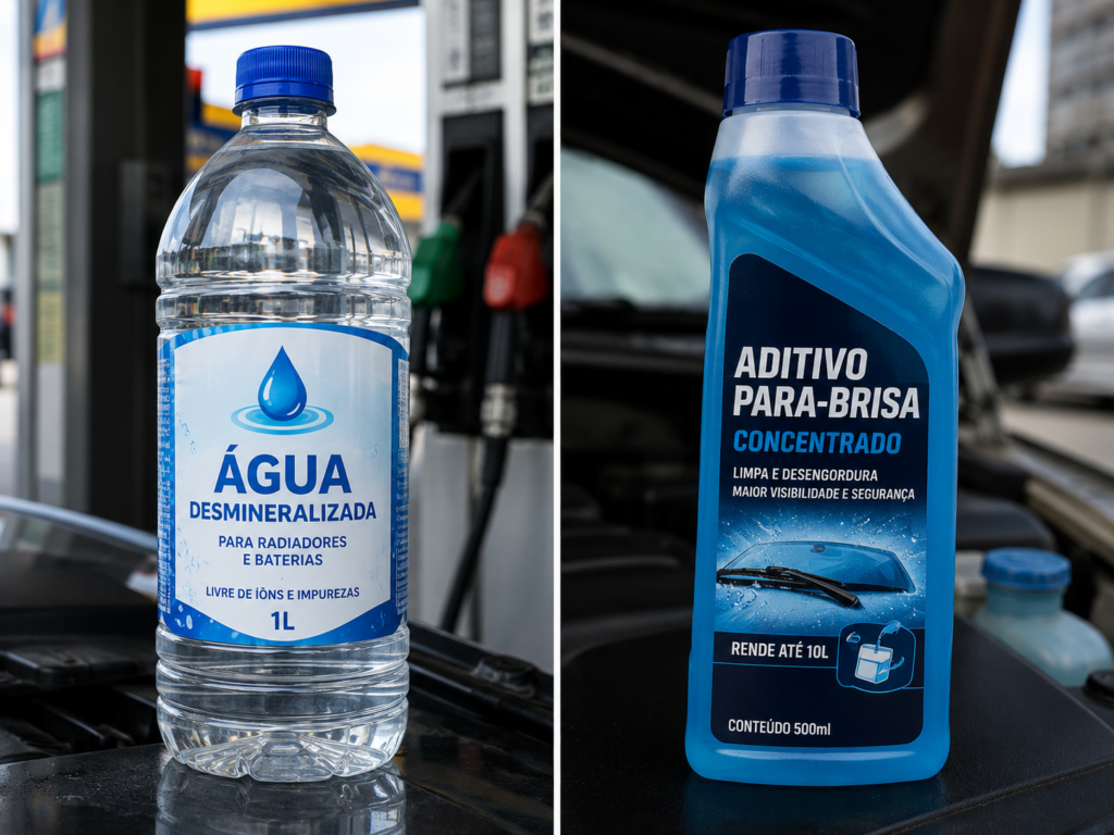 Comparação de dois produtos ilustrativos água desmineralizada do lado esquerdo e aditivo pra para-brisa do lado direito