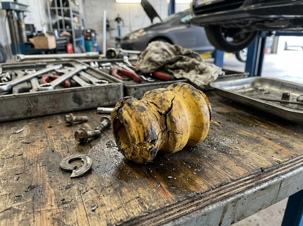 Batente do amortecedor amarelo rasgado em uma mesa suja de óleo de oficina