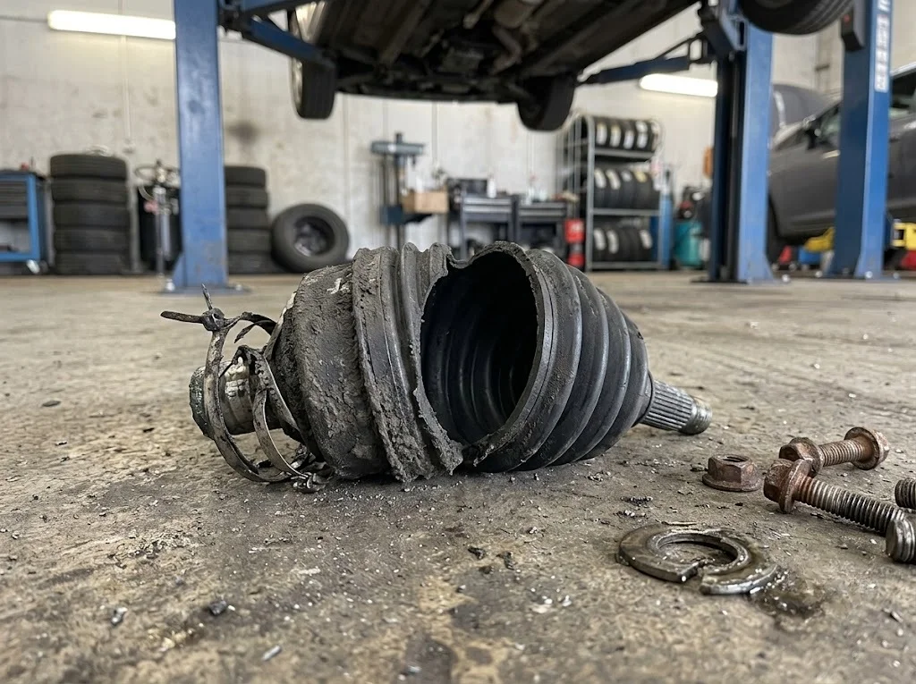 Coifa do carro rasgada em um chão de oficina