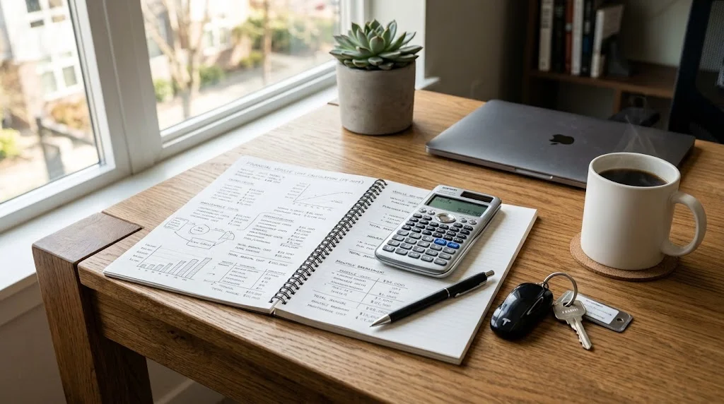 Mesa de madeira com um caderno e anotações de gráficos dando uma sensação de economia e custo com uma chave de carro ao lado do caderno