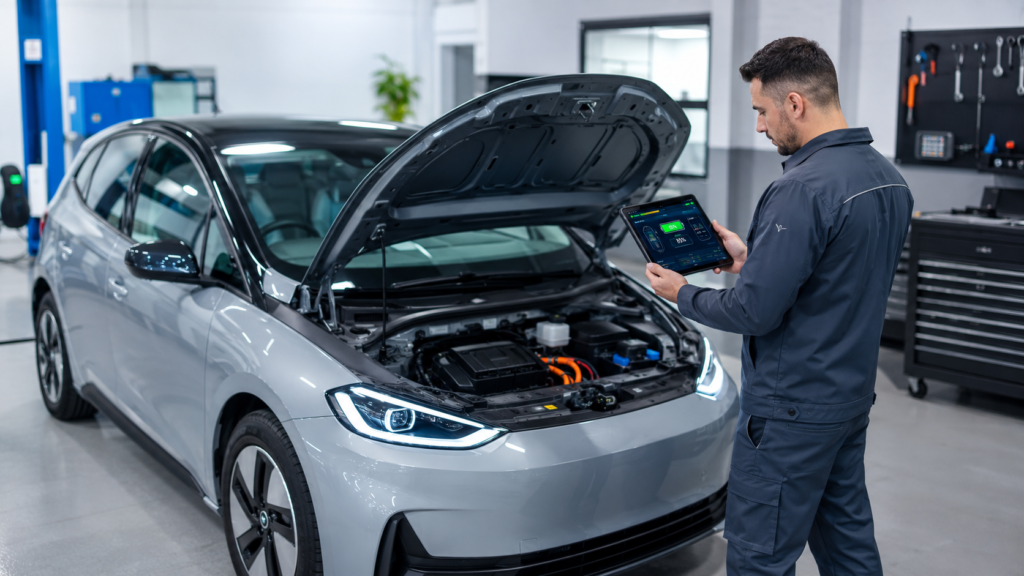 Técnico olhando um painel digital sobre o carro elétrico que está com o capô aberto