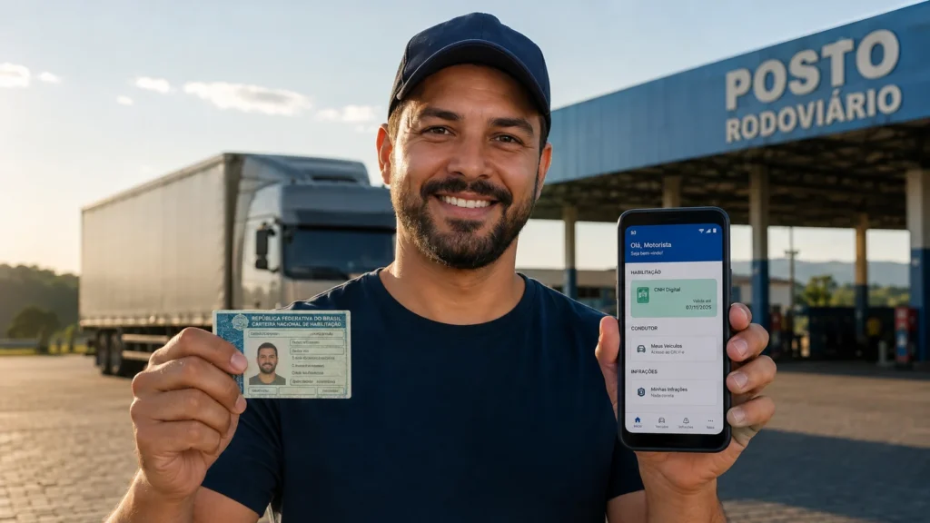 Homem segurando uma carta cnh na mão esquerda e na mão direita um celular com aplicativo de cnh aberta