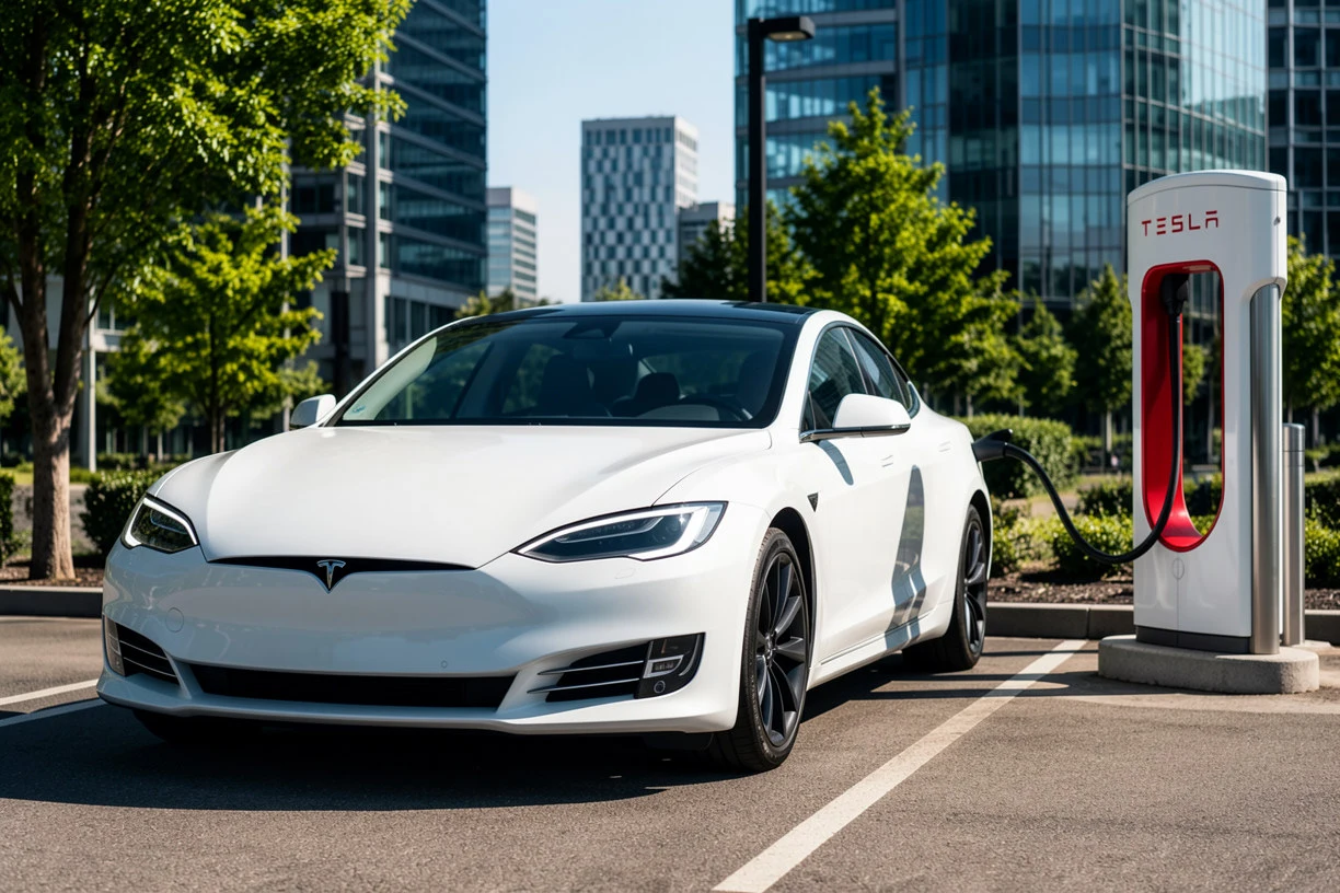 Carro elétrico branco carregando a bateria dele em um carregador tesla