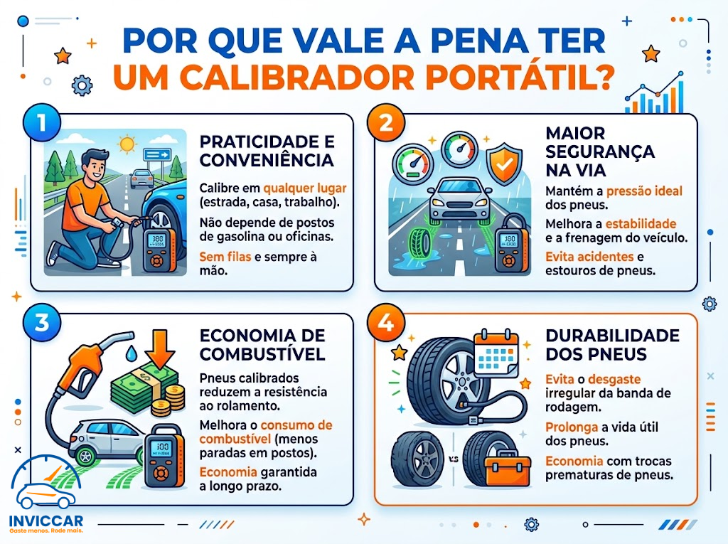 Infográfico simples e explicativo falando porque vale a pena ter um calibrador portátil evitando causas como estouro de pneus e mantém a pressão ideal dos pneus.