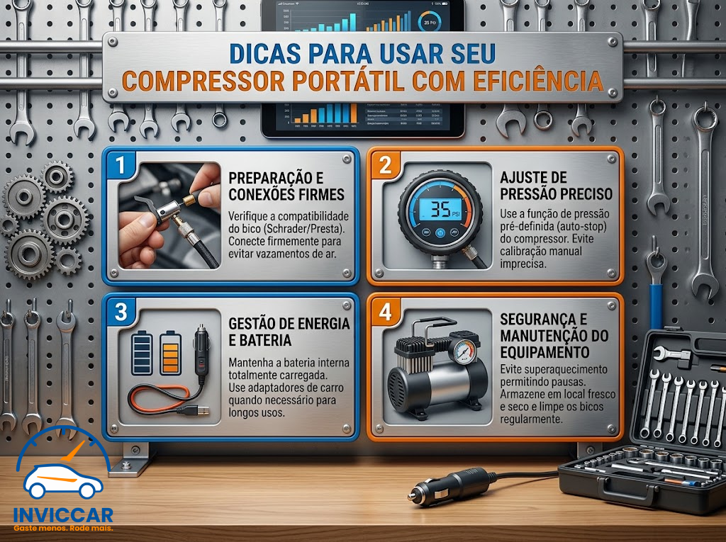 Infográfico mostrando dicas para usar seu compressor portátil com eficiência que fala sobre preparação e conexões firmes, ajuste de pressão preciso, superaquecimento etc.