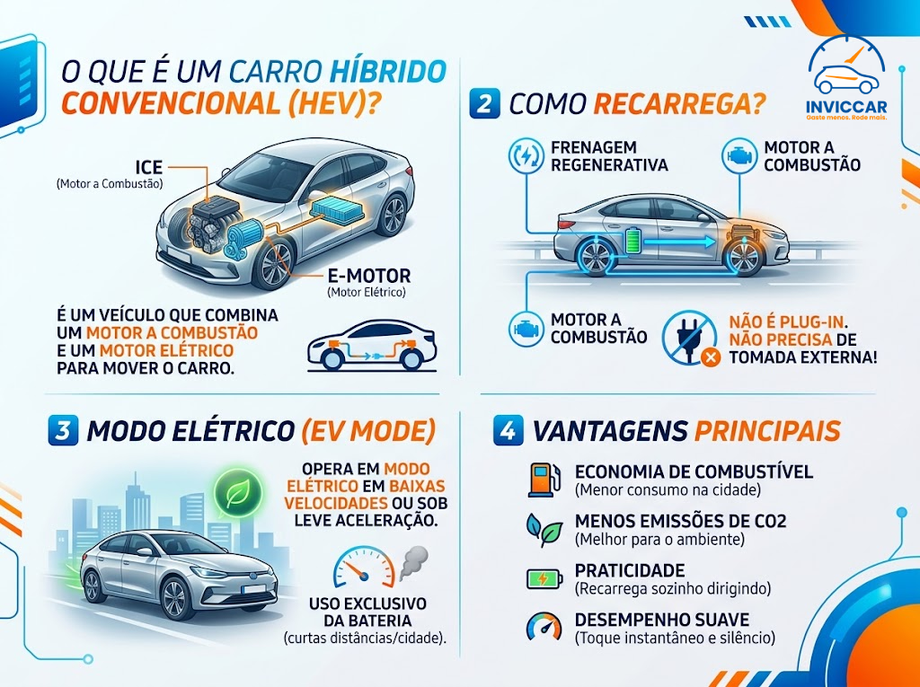 Infográfico simples e bonito mostrando como funciona um carro híbrido convencional vindo da sigla (HEV) que significa ''Hybrid Eletric Vechicle''