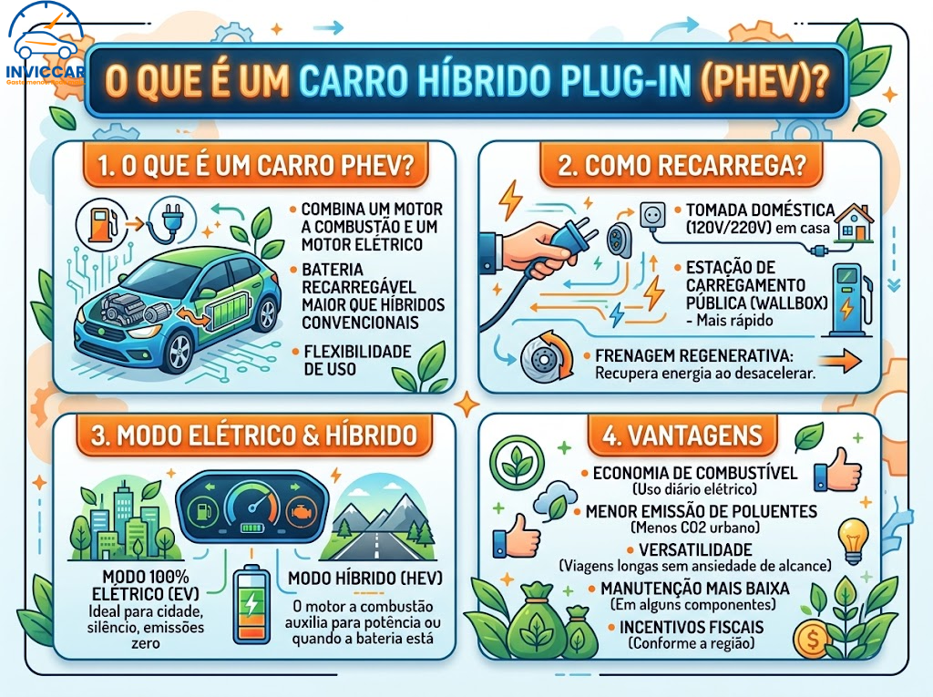 Infográfico com design própio explicando com imagens o que é um carro híbrido plug-in (PHEV) que significa ''Plug-in Hybrid Eletric Vehicle.