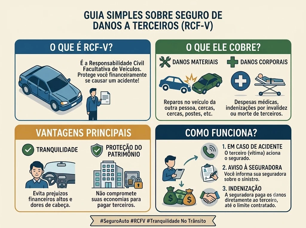 Infográfico simples e objetivo explicando seguro de danos a terceiros (RCF-V)