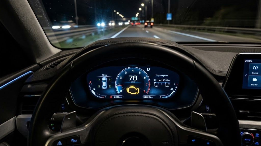 Painel de um carro elétrico mostrando a luz da injeção eletrônica acesa