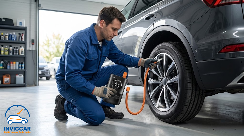 Compressor portátil moderno sem fio com uma pessoa ajoelhada segurando ele na válvula do pneu do carro