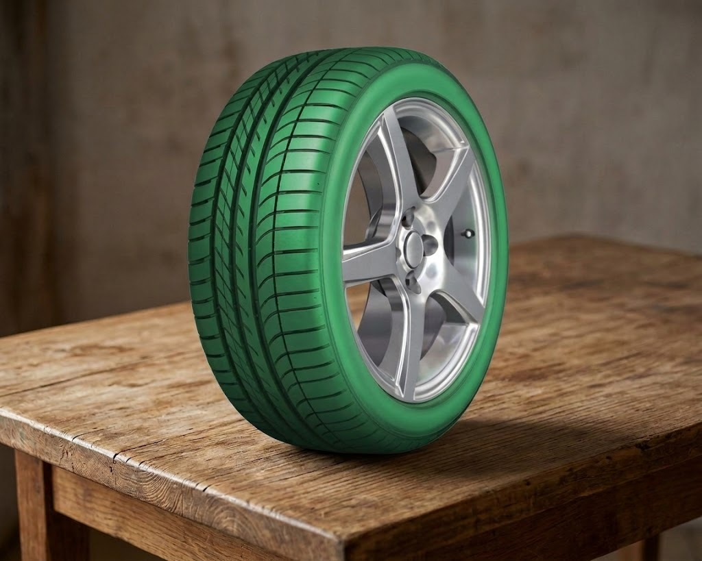 Pneu verde especial pro carro em uma mesa de madeira simples