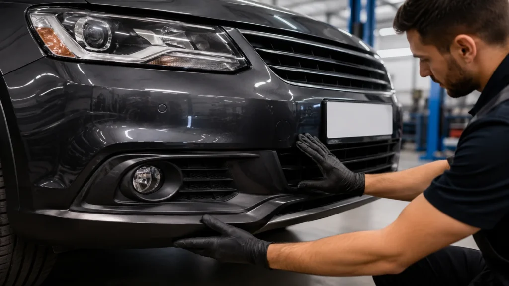 Mecânico analisando problemas no para-choque do carro