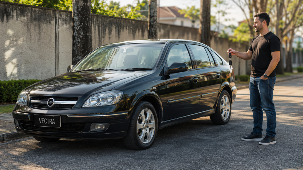 Carro vectra dos anos 1993 a 2011 com o motorista ao lado segurando a chave do carro