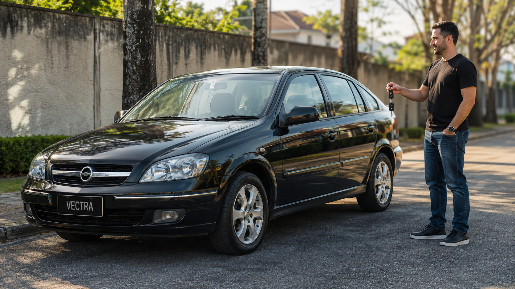 Carro vectra dos anos 1993 a 2011 com o motorista ao lado segurando a chave do carro