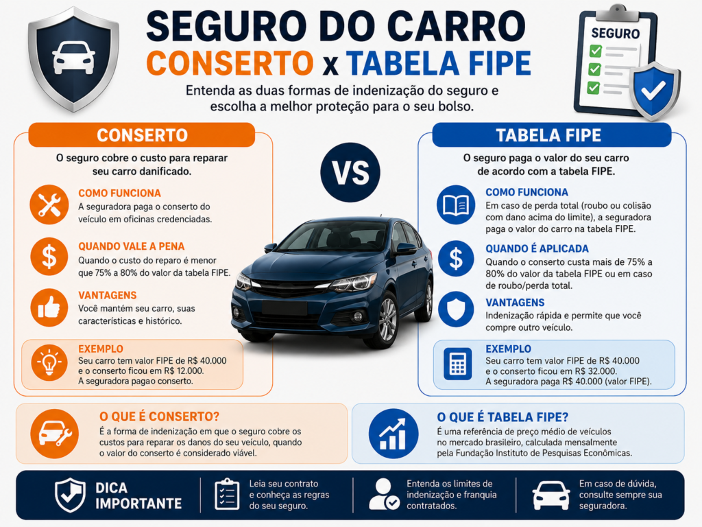 Infográfico explicando seguro do carro conserto vs tabela fipe