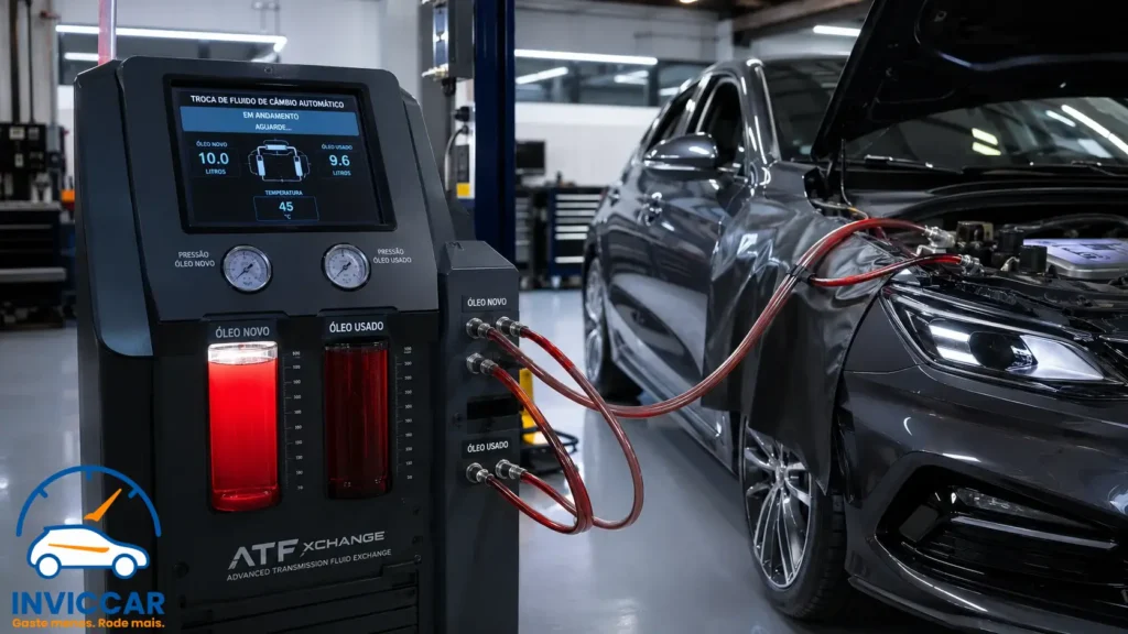Carro em um cenário de oficina com tubos ligados a ele com fluídos de transmissão vermelha do outro lado fazendo a manuntenção.