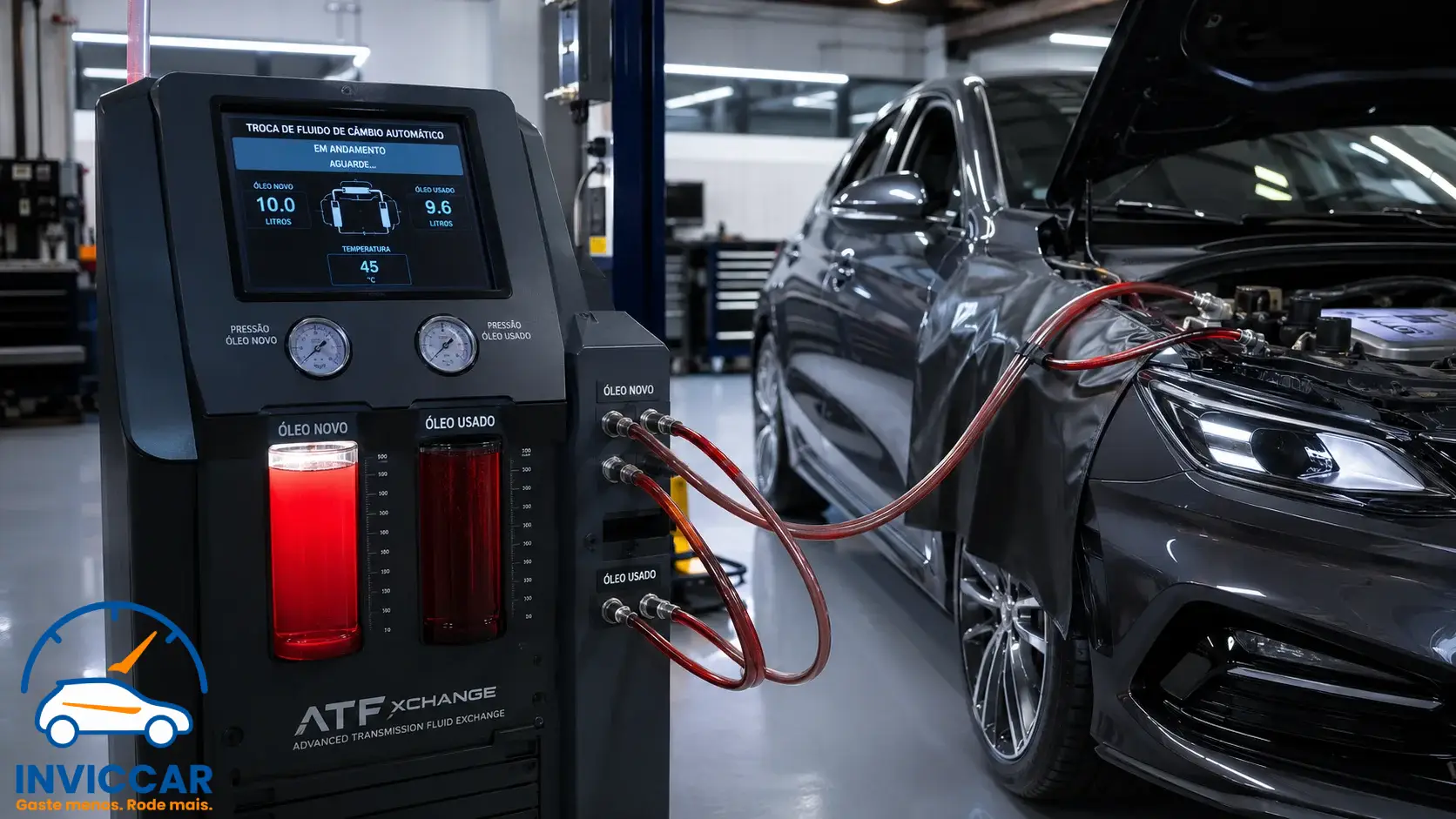Carro em um cenário de oficina com tubos ligados a ele com fluídos de transmissão vermelha do outro lado fazendo a manuntenção.