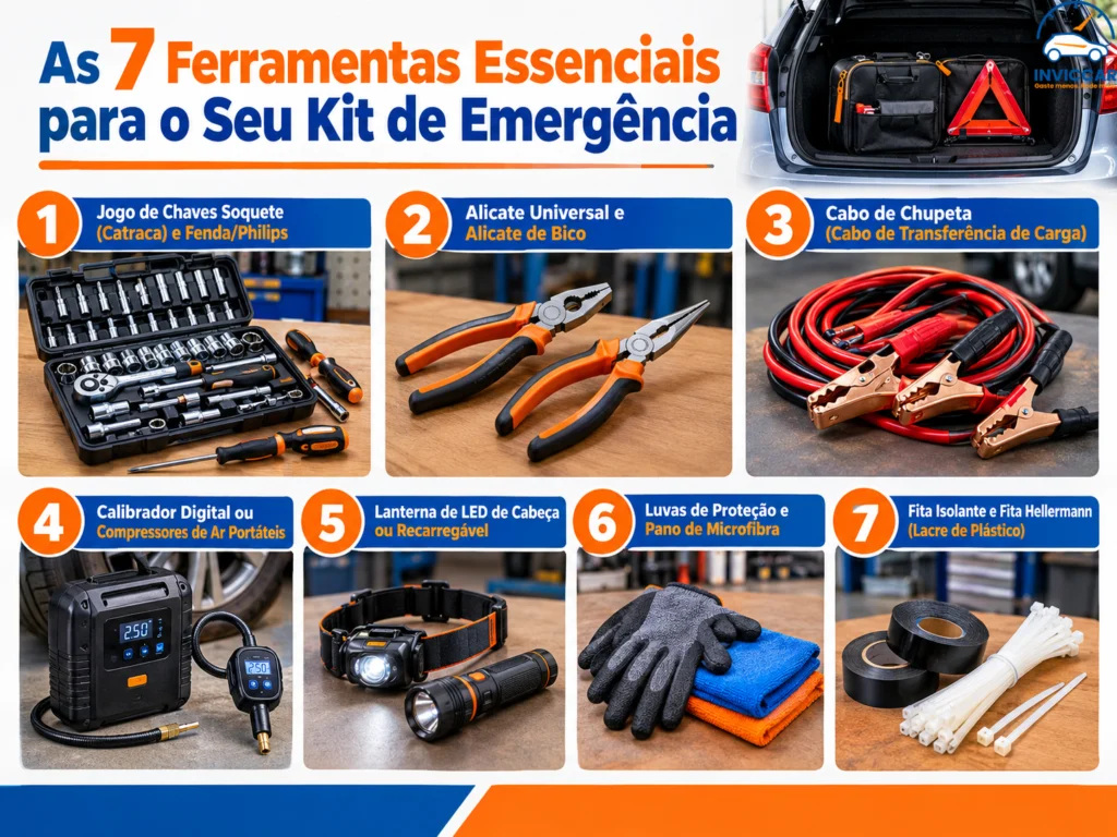 Um infográfico mostrando algumas ferramentas do kit de ferramentas essenciais para carros