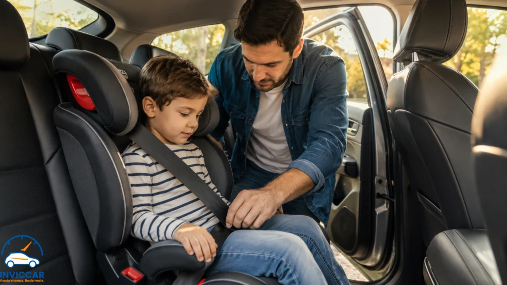 Um pai adulto ajustando a caderinha de bebê do seu filho