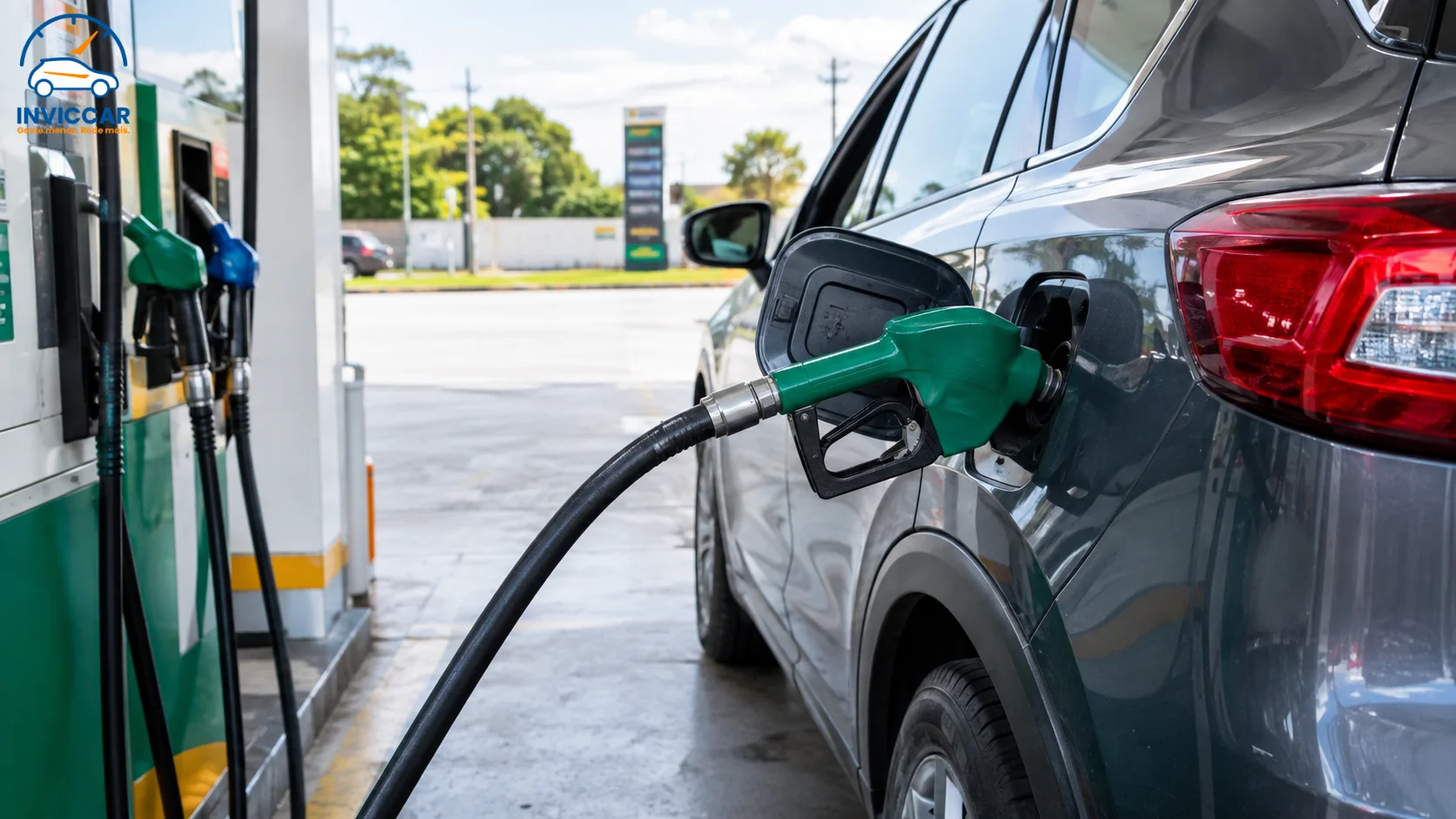 Uma imagem mostrando um carro parado em um posto de gasolina com a mangueira nele