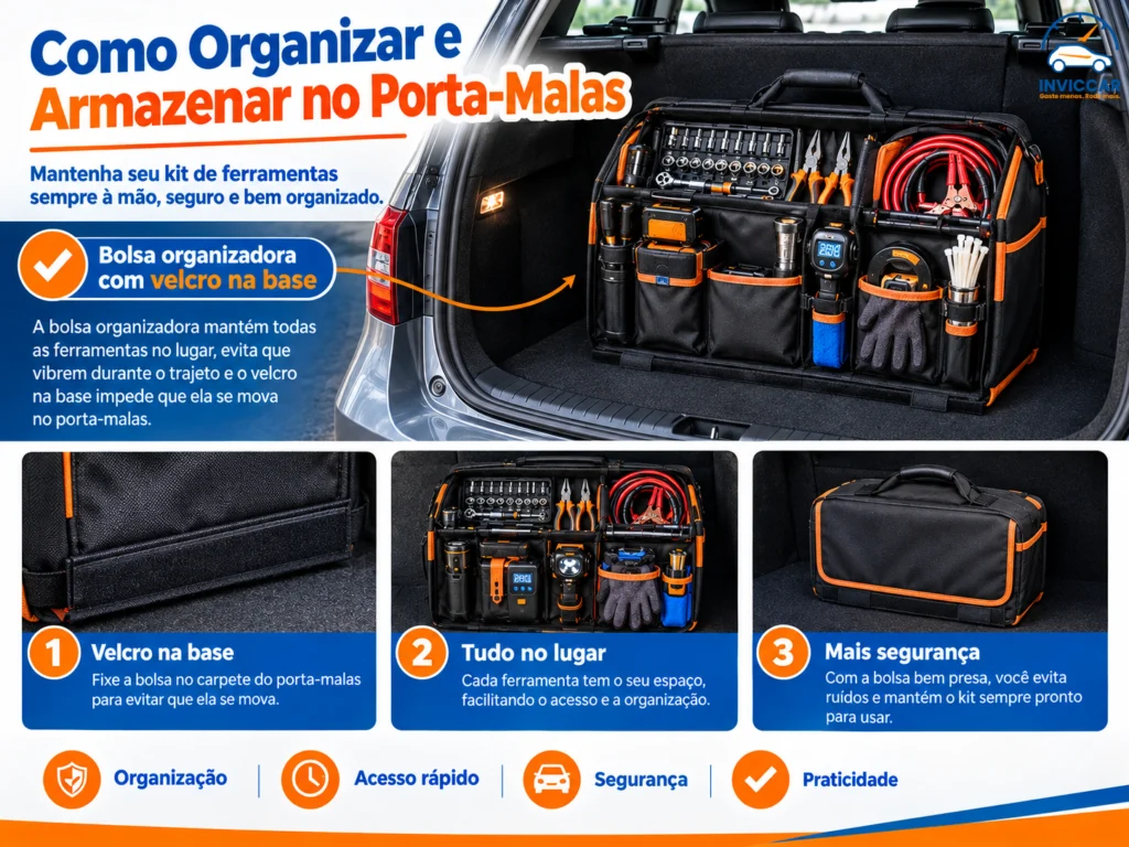 Um outro infográfico mostrando como organizar e guardar suas ferramentas em um bolso de velcro do carro