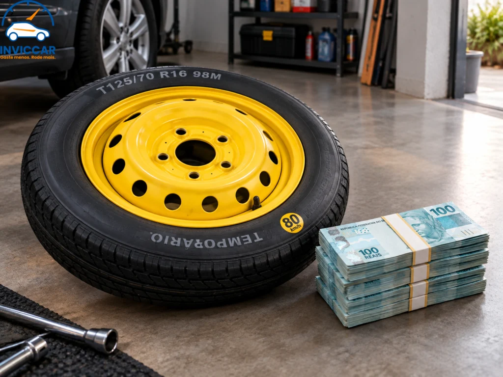 Uma imagem de uma garagem de uma casa com um estepe fino e ao lado dele um monte de dinheiro dando a indicação do porque ele é tão caro.