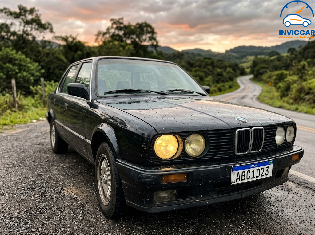 Farol de um carro bmw amarelado/opaco em uma estrada molhada